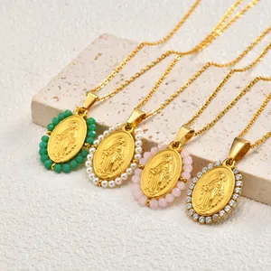 Vintage Stainless Steel Zirconia Miraculous Medal Pendant Necklace With Artificial Pearl Embellishment For Women Jewelry