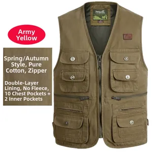 Gilet utilitaire en coton pour hommes en jaune armée avec dix poches frontales.