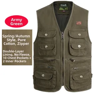 Gilet utilitaire vert armée à plusieurs poches en pur coton doublé