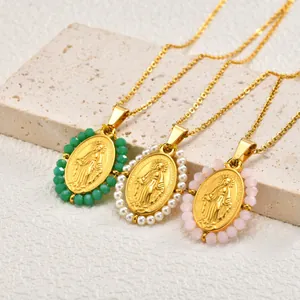 Vintage stainless steel Miraculous Medal necklaces with colorful bead accents.