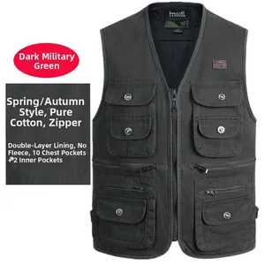 Gilet utilitaire en coton vert armée foncé pour homme avec poches multiples