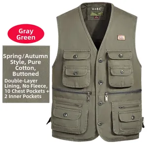 Gilet utilitaire homme en pur coton gris-vert avec détails multi-poches extérieur