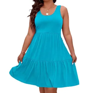 Robe mi-longue sans manches à volants bleu vif pour femmes, mode d'été décontractée grande taille.