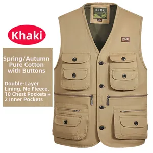 Détail rapproché d'un gilet utilitaire en coton kaki avec de multiples poches et boutons