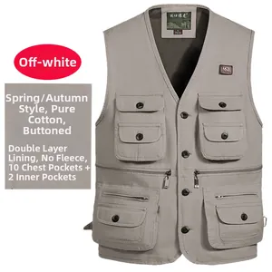 Gilet en coton beige pour homme avec 12 poches et fermeture à boutons pour l'extérieur