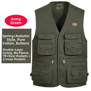 Gilet utilitaire multi-poches en pur coton vert armée pour homme avec boutons