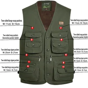 Gilet pour hommes vert armée doublé polaire 100% coton avec 11 poches extérieur