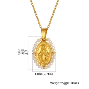 Vintage gold stainless steel Virgin Mary pendant necklace with pearl border detail