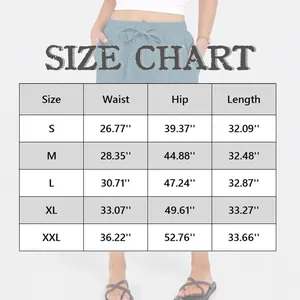 Detailed size chart for women's loose drawstring wide-leg casual pants in blue color