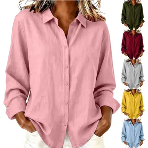 Casual women's long-sleeved linen cotton shirt with lapel collar in multi colors