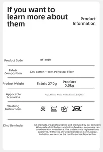 Detailed product specifications and fabric care instructions for half-zip yoga hoodie