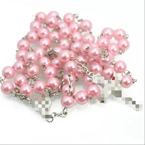 Handmade pink pearl rosary necklace featuring 8mm beads and cross pendant for baptism