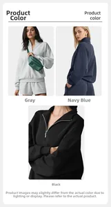 Detail view of women's half-zip fleece sweatshirt in grey, navy, and black colors.