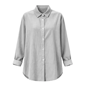 Front view of grey loose cotton linen shirt with button-down collar and long sleeves