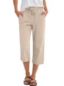 Detail of beige cotton linen wide leg cropped pants with elastic drawstring waist