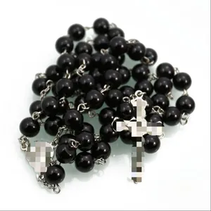 Classic 8mm black bead rosary necklace with silver-tone cross for baptism religious use