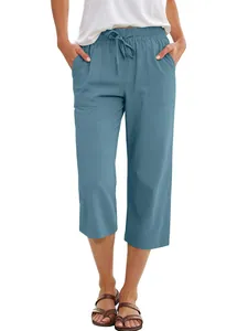 Detailed view of women's stylish blue cotton linen wide-leg pants with drawstring waist