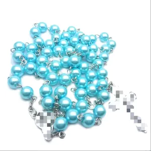 Light blue 8mm pearl rosary necklace for baptism, silver chain unisex jewelry.