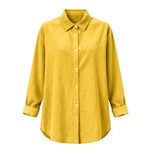 Oversized long-sleeved yellow cotton linen shirt with lapel for casual women's wear