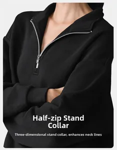 Close-up detail view of the half-zip stand-up collar on a black thermal yoga sweatshirt
