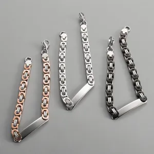 Detailed view of 304 stainless steel Byzantine ID bracelets in three stylish finishes