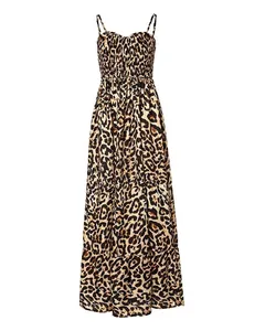 Sommermode Maxikleid mit Leopardenmuster, gesmoktem Oberteil und Trägern