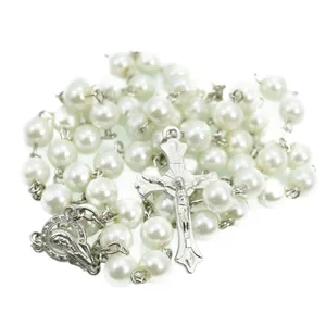 Elegant 8mm white pearl beads rosary necklace with silver crucifix and medallion