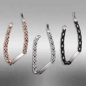 Set of three stainless steel Byzantine ID bracelets in silver, gold, and black colors.