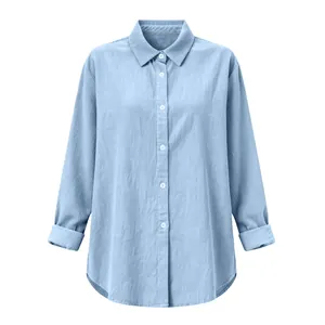 Full front view of a casual light blue long-sleeved cotton linen shirt with collar