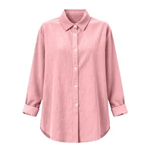 Detailed front view of a pink loose cotton linen long-sleeved button-down shirt.