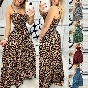 Damen Sexy Leopardenmuster Cami Maxi Kleid Rückenfrei Hohe Taille Stufenrock Sommerurlaub Ärmellos V-Ausschnitt Polyester Langes Kleid