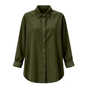 Front view of women's olive green loose cotton linen shirt with lapel collar.