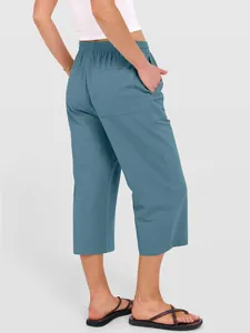 Detail back view of blue cotton linen cropped wide-leg pants with elastic waist
