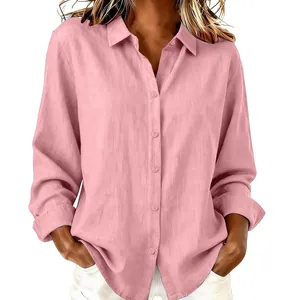 Close-up of pink long-sleeved linen-look shirt with relaxed fit and button-down front
