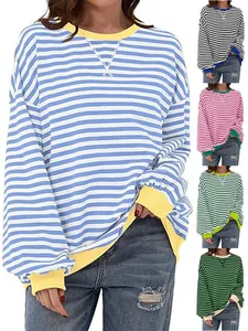 Top da Donna con Stampa a Righe Contrasto Girocollo Casual Pullover Vestibilità Larga Manica Lunga Moda Autunnale Casa
