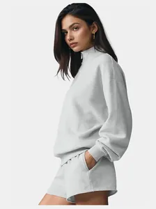 Women's light gray half-zip sweatshirt and shorts yoga set casual loungewear