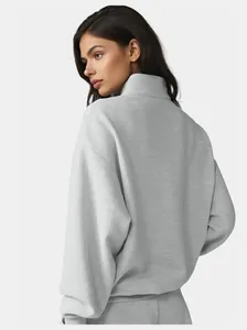 Back view of a grey half-zip sweatshirt with loose fit for yoga and casual wear