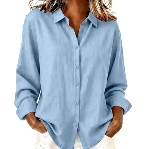 Close-up detail view of a light blue long-sleeved linen button-down casual shirt for women