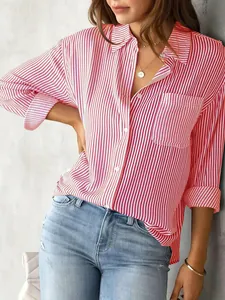 Close-up detail of a women's red and white striped loose casual long-sleeve shirt