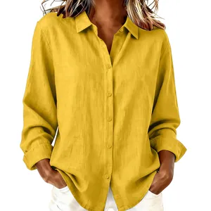 Close-up of mustard yellow long sleeve linen shirt for women in casual loose fit style