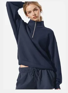 Detail view of navy blue half-zip sweatshirt with high collar and ribbed cuffs