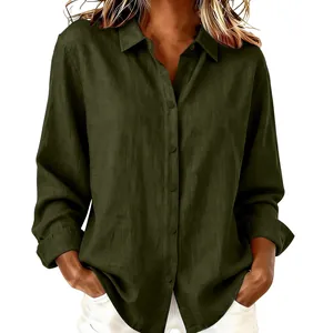 Macro shot of olive green loose-fitting cotton-linen button-up shirt for women.