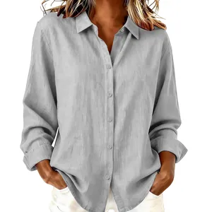 Detailed view of grey linen cotton long sleeve button-down shirt with collar