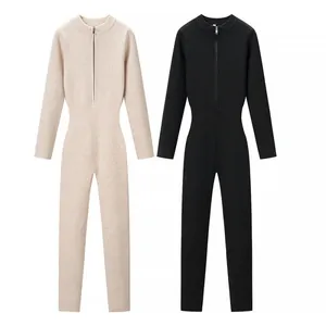 Tuta Intera da Donna in Maglia a Costine Casual Manica Lunga Mezza Zip Vestibilità Aderente Tinta Unita Romper Lunghezza alla Caviglia
