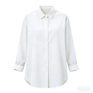 Front view detail of a minimalist white cotton linen long sleeve shirt with a lapel collar.
