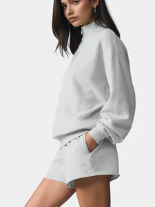 Comfortable grey half-zip fleece sweatshirt and shorts two-piece lounge set for women