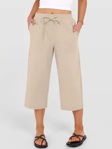 Women's casual beige wide-leg linen trousers with drawstring waist and front pockets