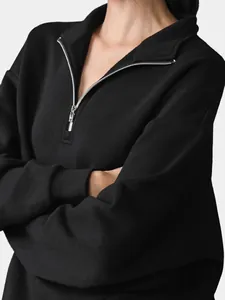 Women's black half-zip warm fleece-lined yoga sweatshirt sports jacket close-up view