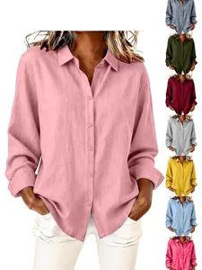 Women Casual Cotton Linen Shirt Long Sleeve Lapel Single Breasted Loose Fit Blouse Top Lightweight Fashion Summer Apparel