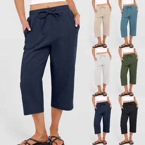 Women's cotton linen cropped wide-leg pants with drawstring waist shown in multiple colors